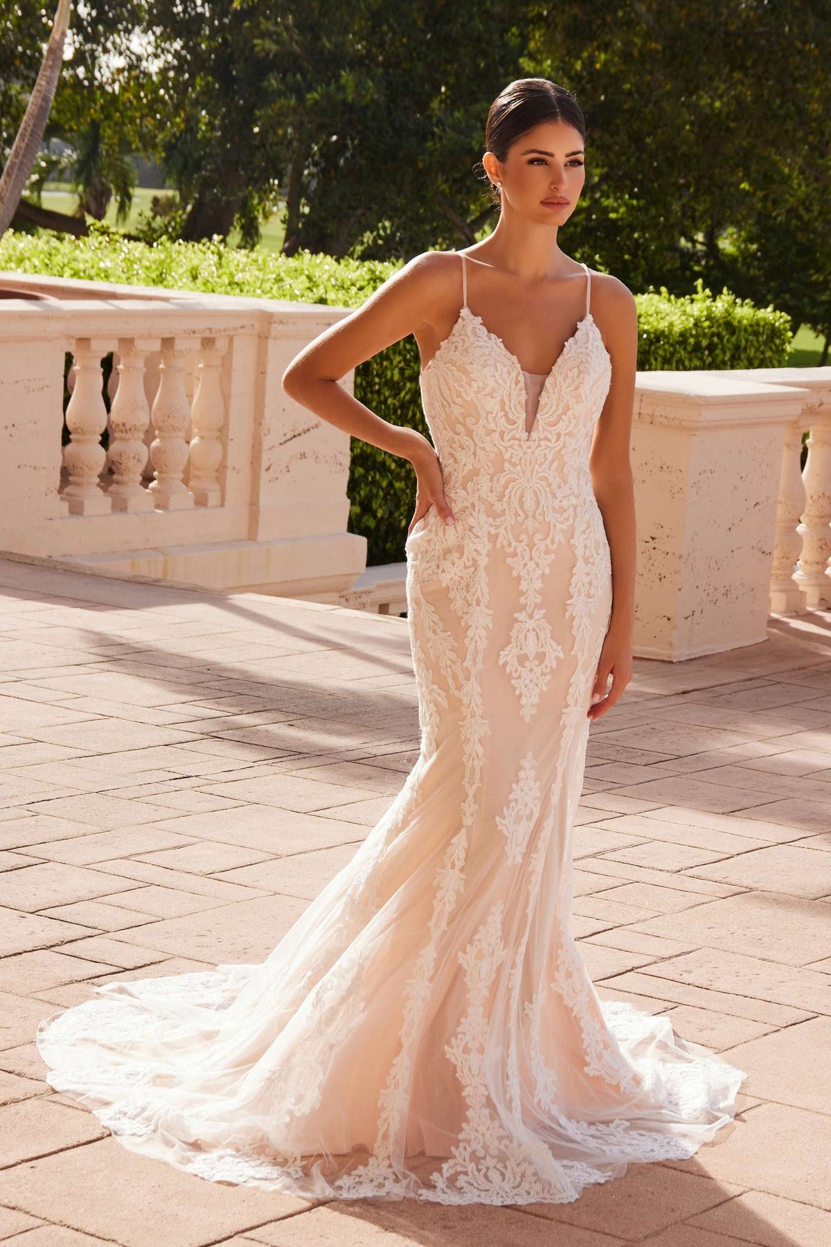 Spaghetti Strap V-Neckline Long Lace Wedding Gown