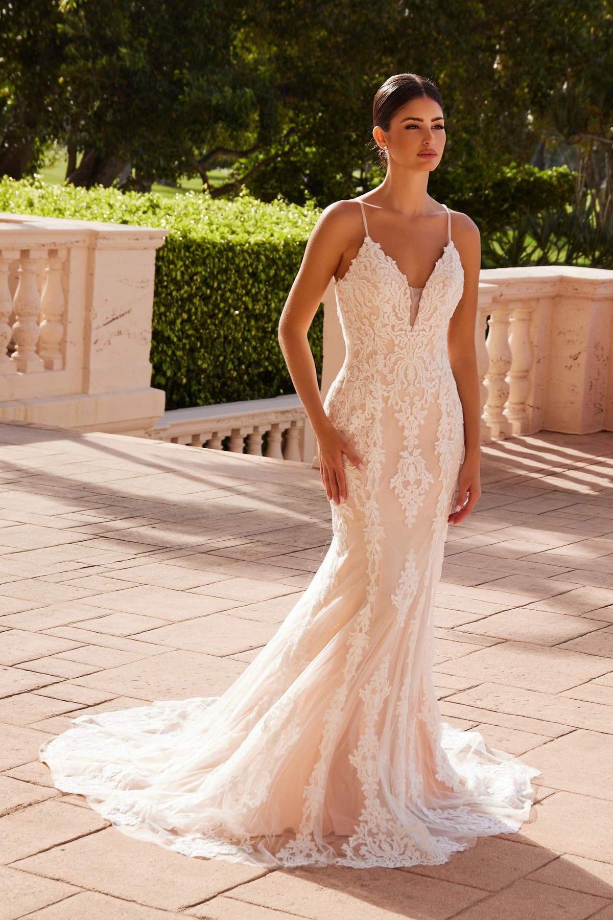 Spaghetti Strap V-Neckline Long Lace Wedding Gown
