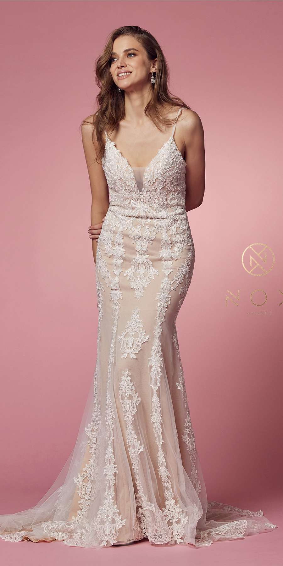 Spaghetti Strap V-Neckline Long Lace Wedding Gown