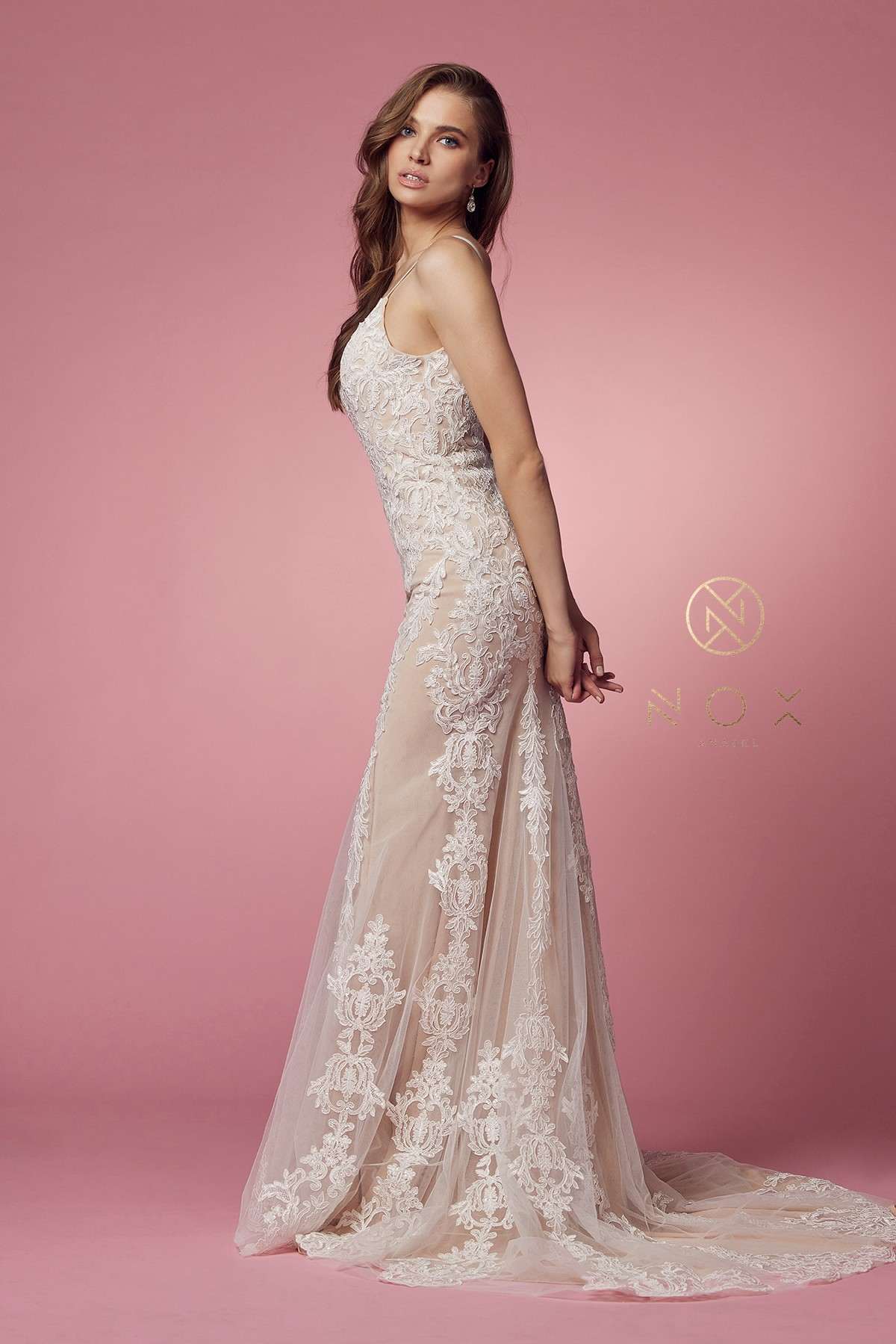 Spaghetti Strap V-Neckline Long Lace Wedding Gown