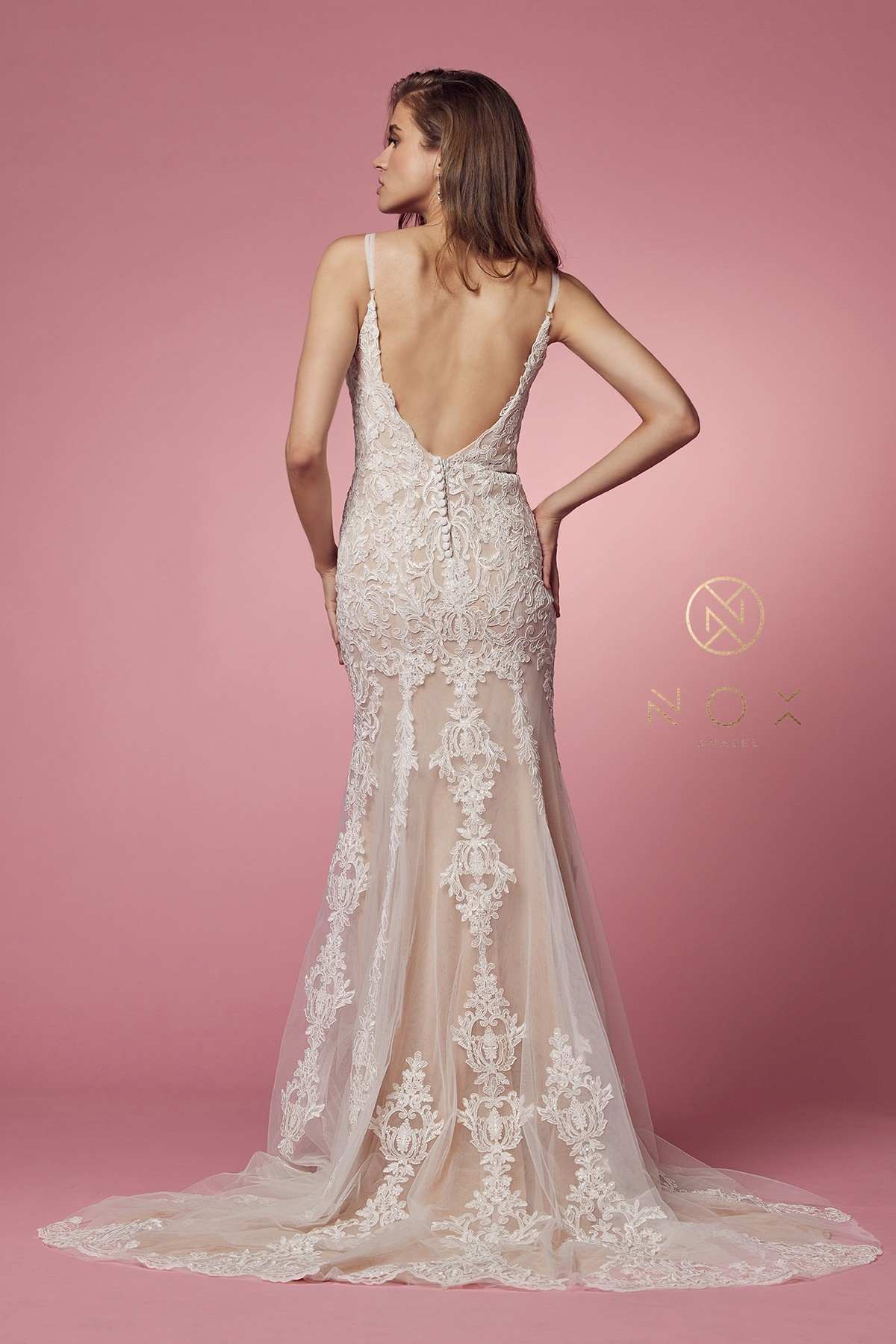 Spaghetti Strap V-Neckline Long Lace Wedding Gown
