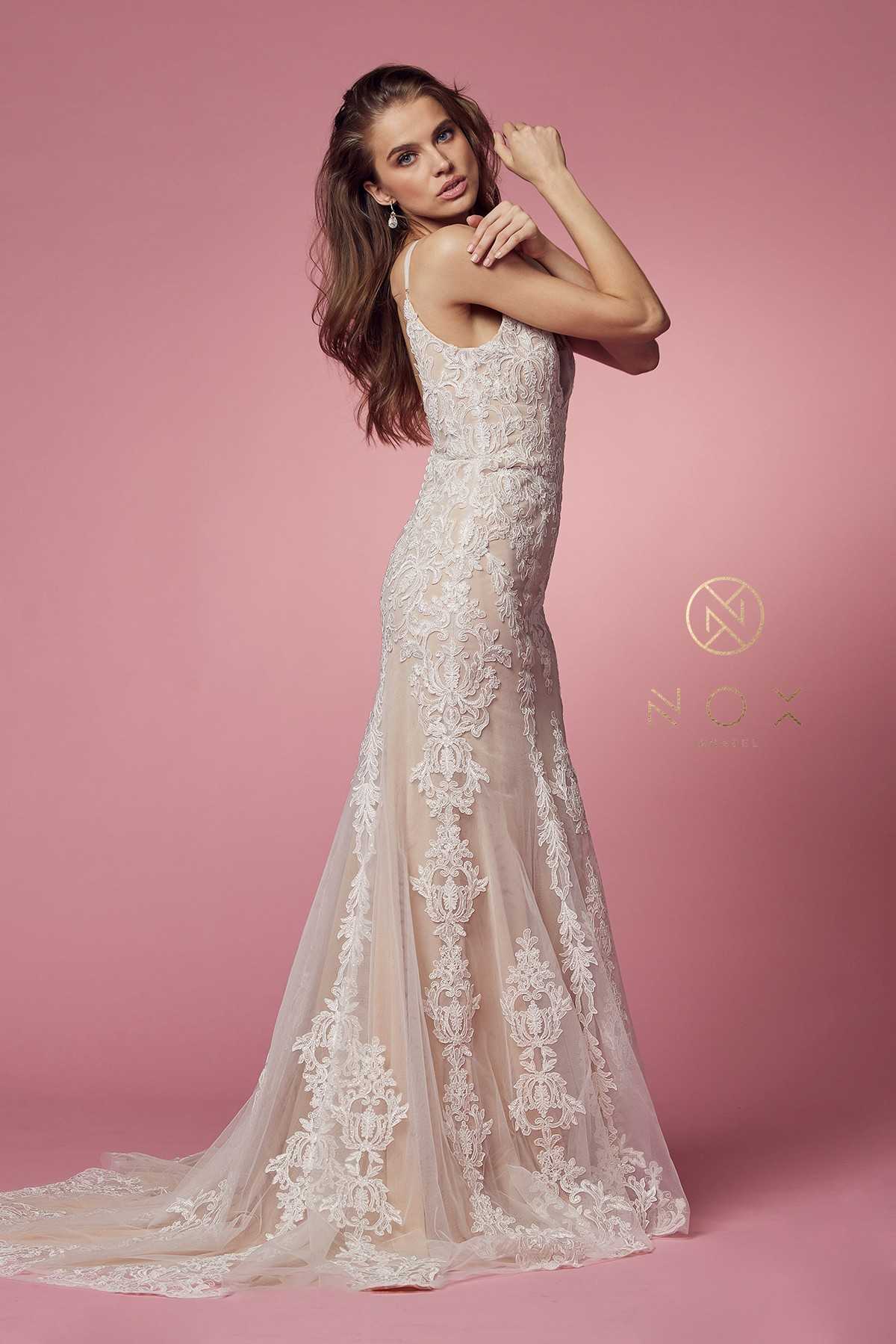 Spaghetti Strap V-Neckline Long Lace Wedding Gown