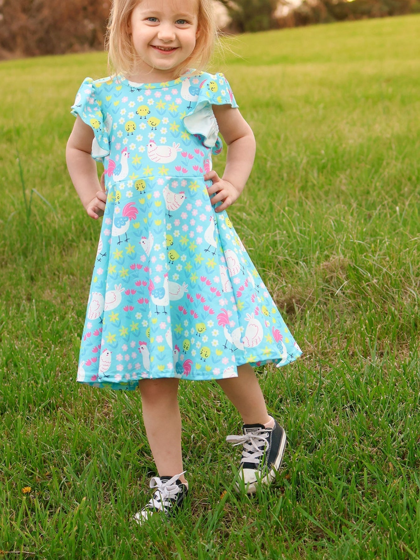 Aqua Chicken Floral Farm Print Girls Dress