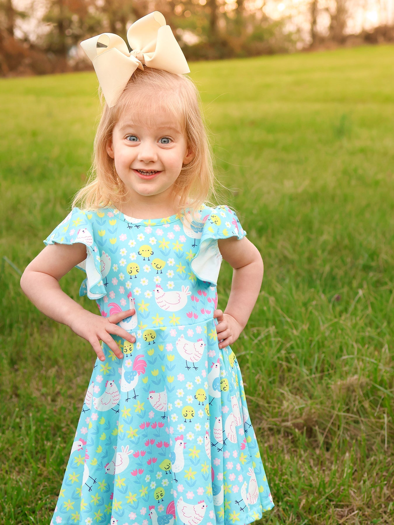Aqua Chicken Floral Farm Print Girls Dress