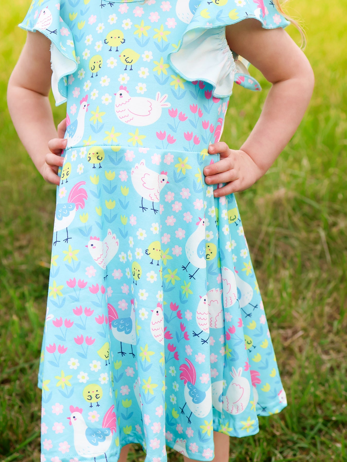 Aqua Chicken Floral Farm Print Girls Dress
