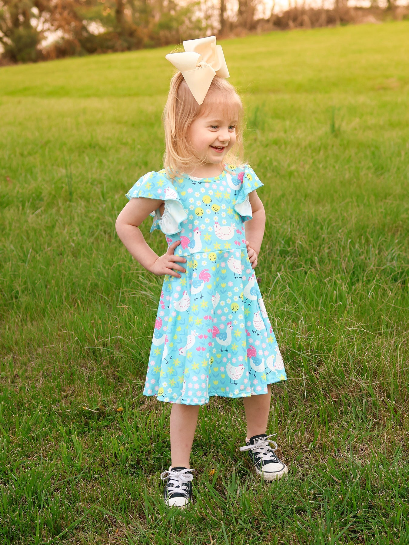 Aqua Chicken Floral Farm Print Girls Dress