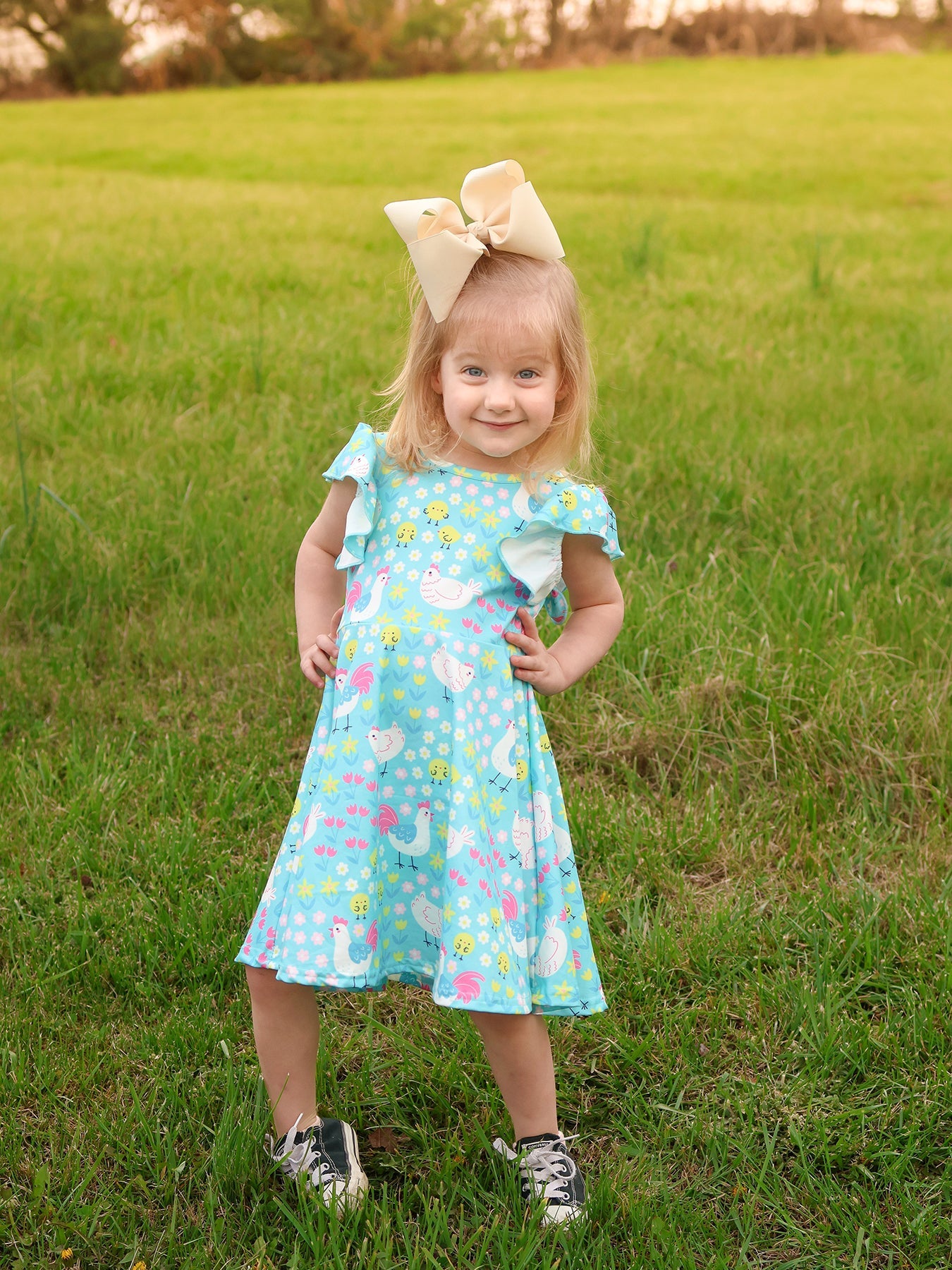 Aqua Chicken Floral Farm Print Girls Dress