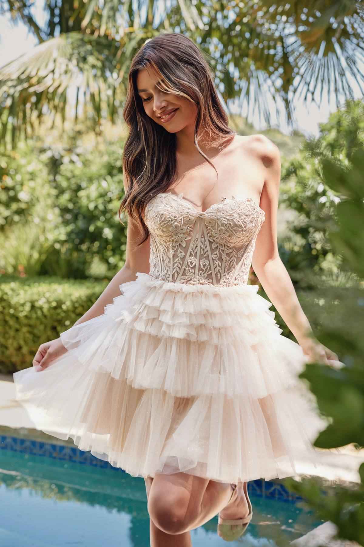 Feather Strap Beaded Short Tulle Party Dress