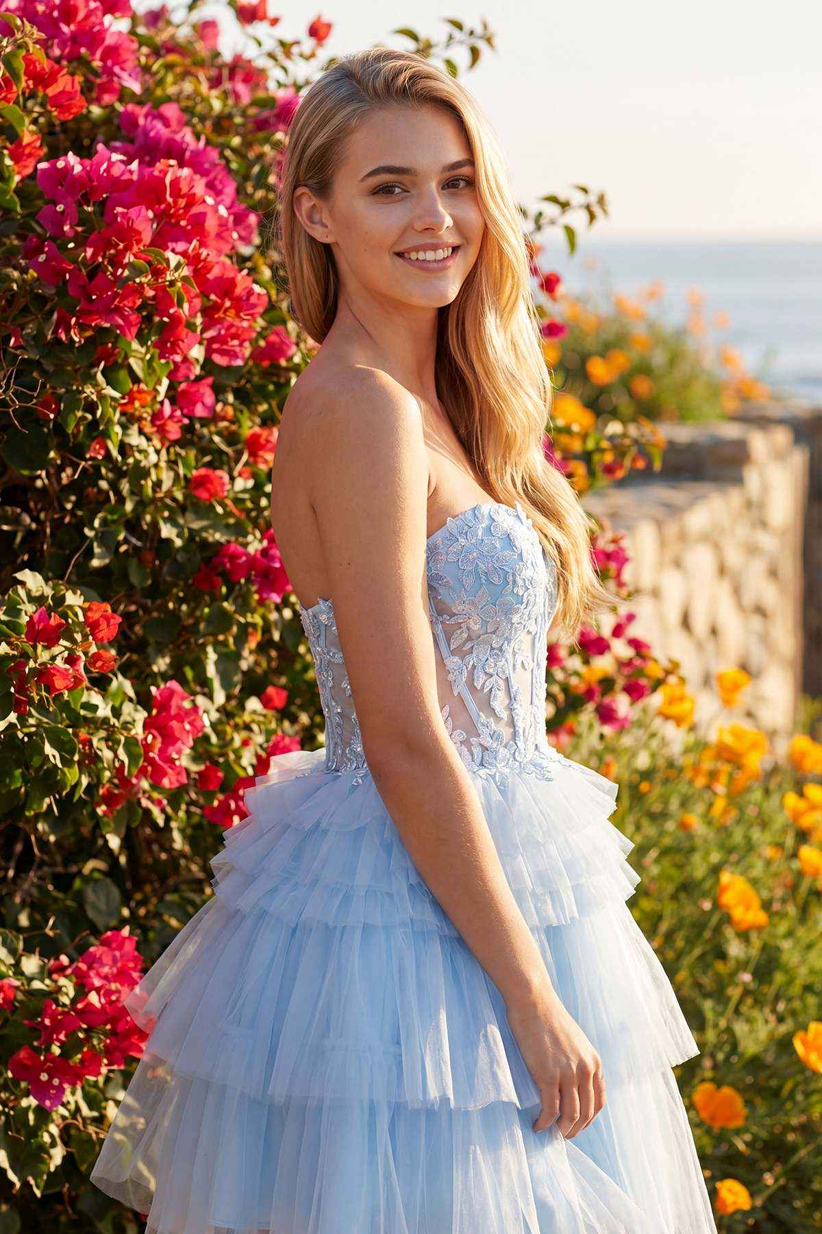 Feather Strap Beaded Short Tulle Party Dress