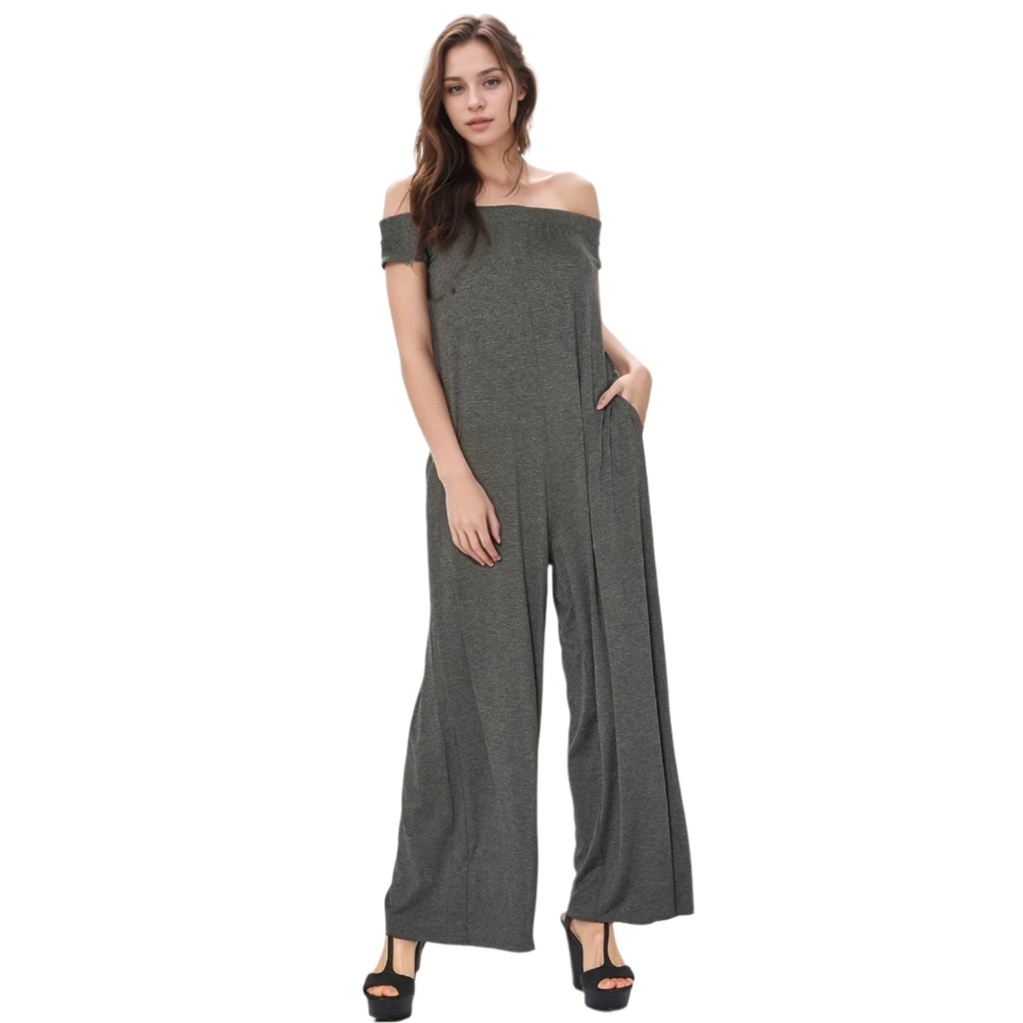 Off Shoulder Wide Leg Jumpsuit With Pockets