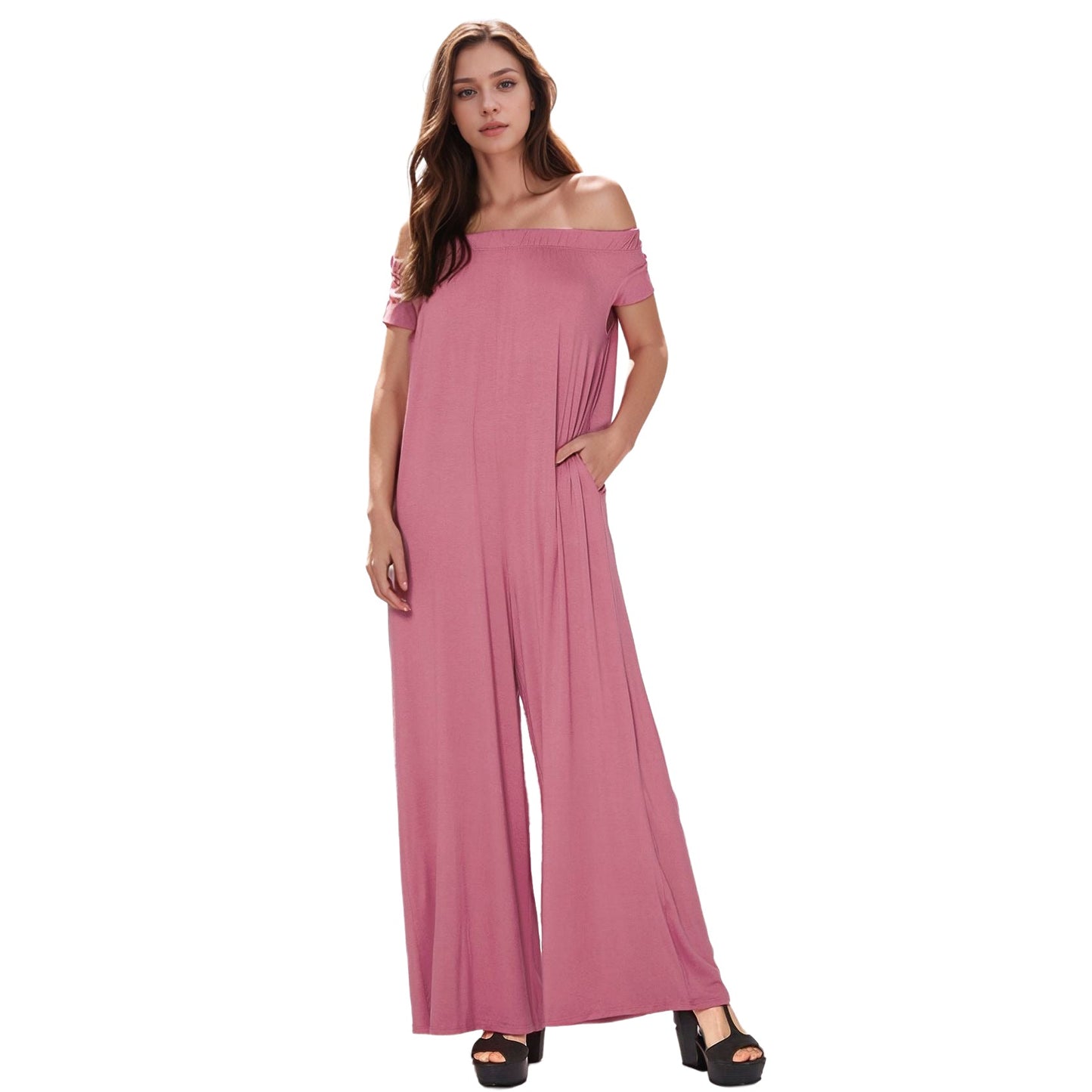 Off Shoulder Wide Leg Jumpsuit With Pockets