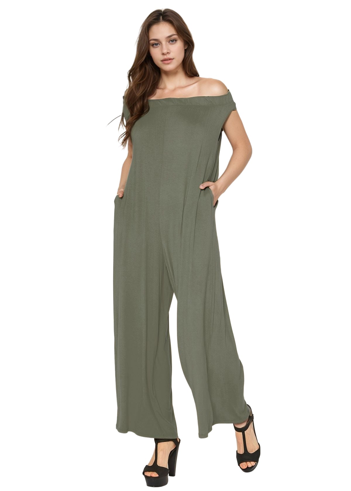 Off Shoulder Wide Leg Jumpsuit With Pockets