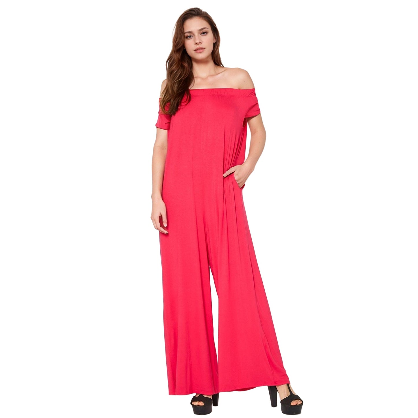 Off Shoulder Wide Leg Jumpsuit With Pockets