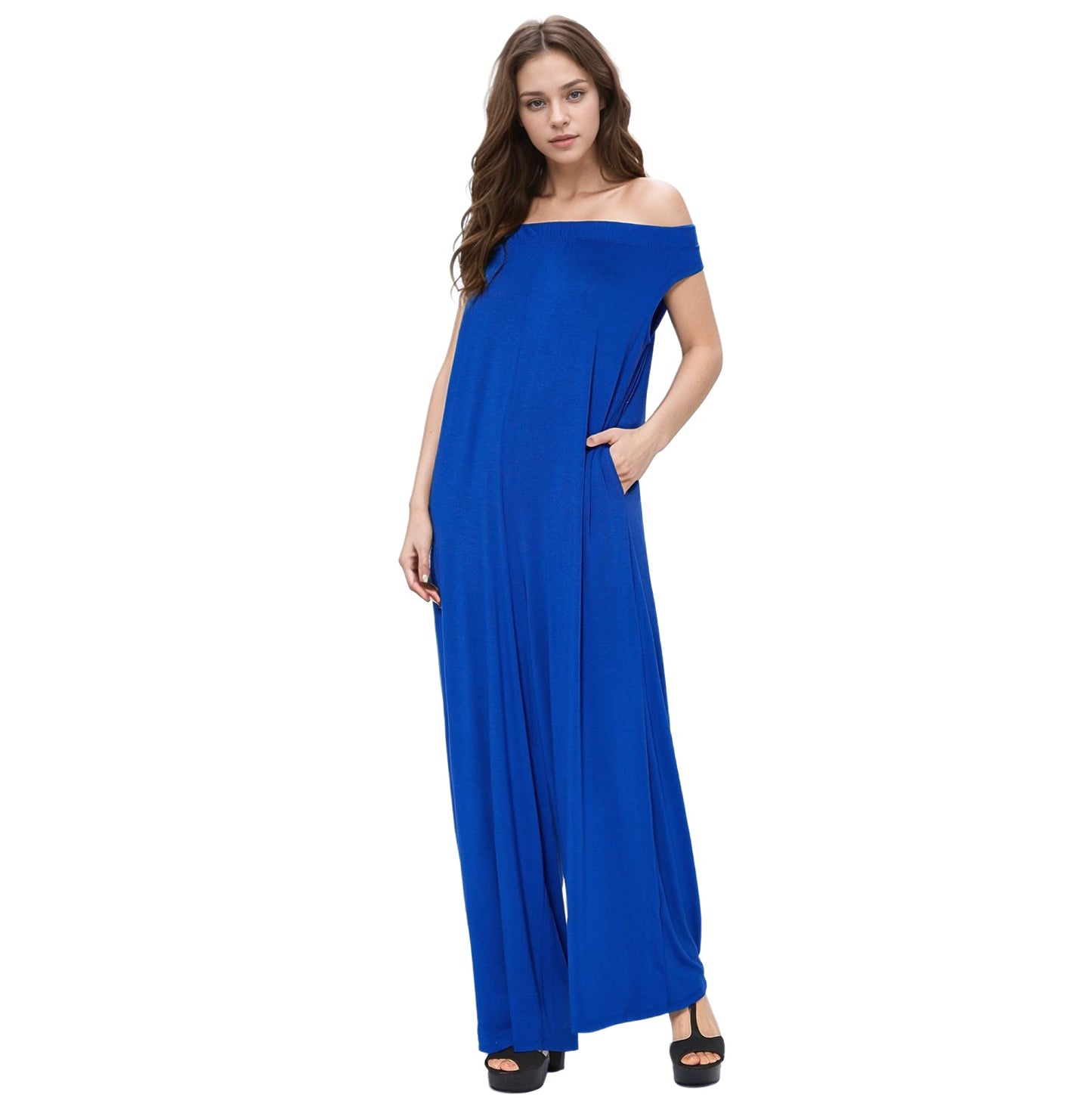 Off Shoulder Wide Leg Jumpsuit With Pockets
