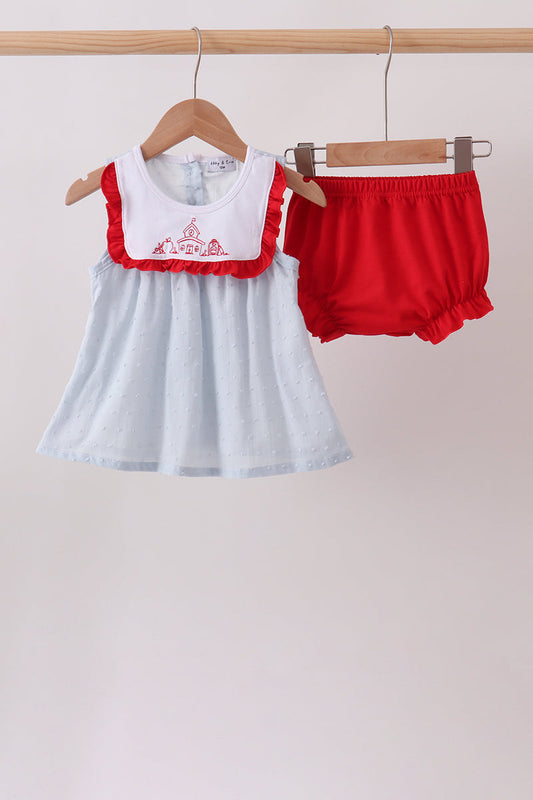 Blue Embroidered Swiss Dot Bloomer Set