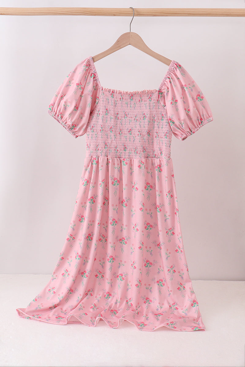 Pink Floral Smocked Dress
