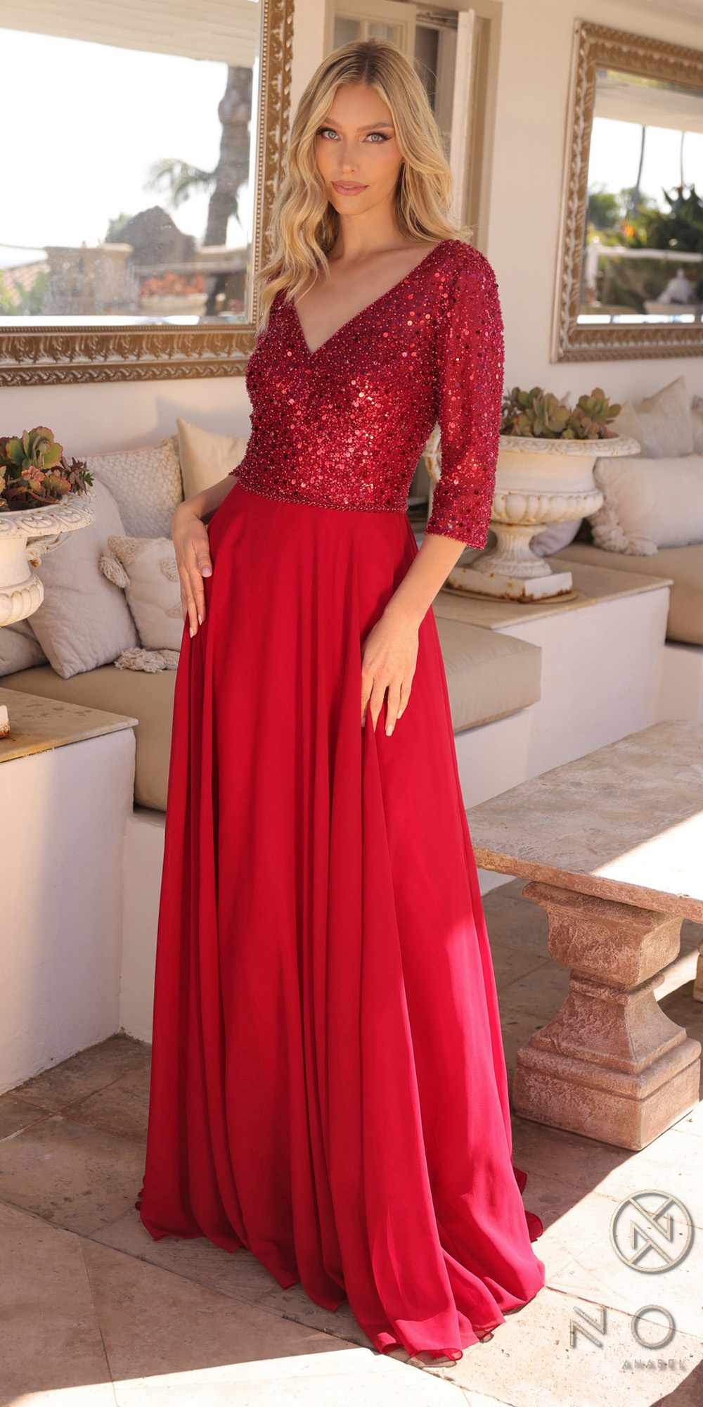 Long Sequin Bodice 3/4 Sleeve A-line Gown