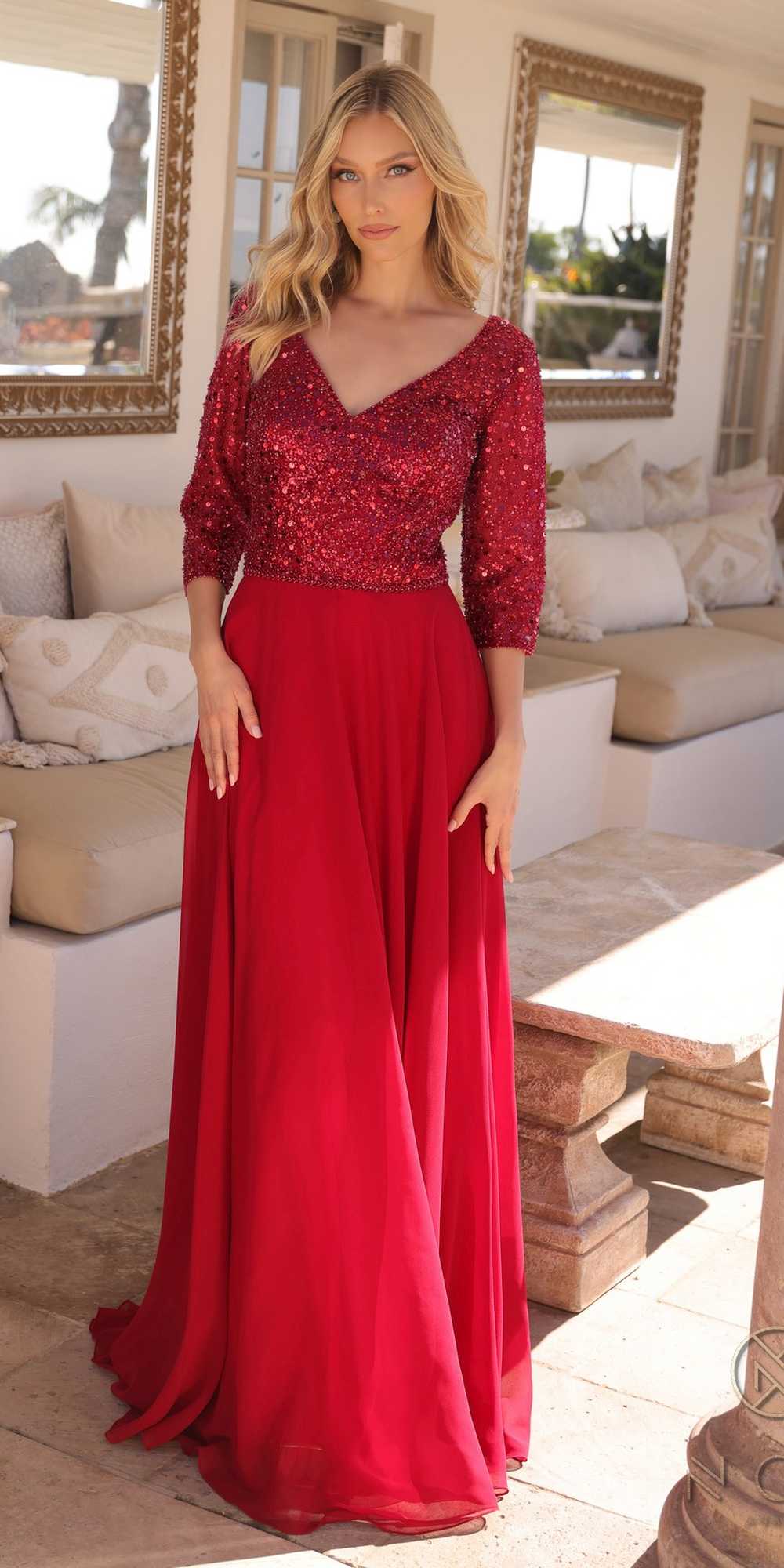 Long Sequin Bodice 3/4 Sleeve A-line Gown