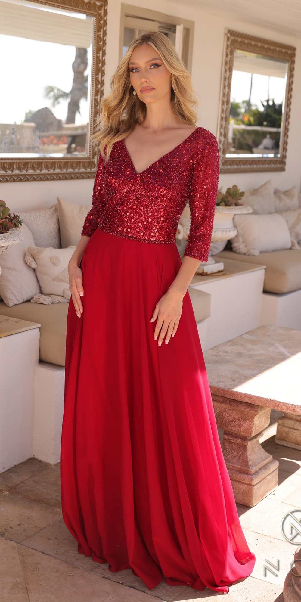 Long Sequin Bodice 3/4 Sleeve A-line Gown