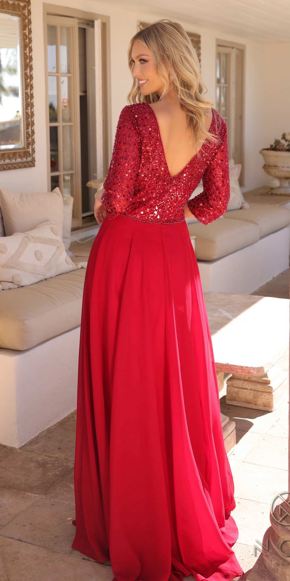 Long Sequin Bodice 3/4 Sleeve A-line Gown