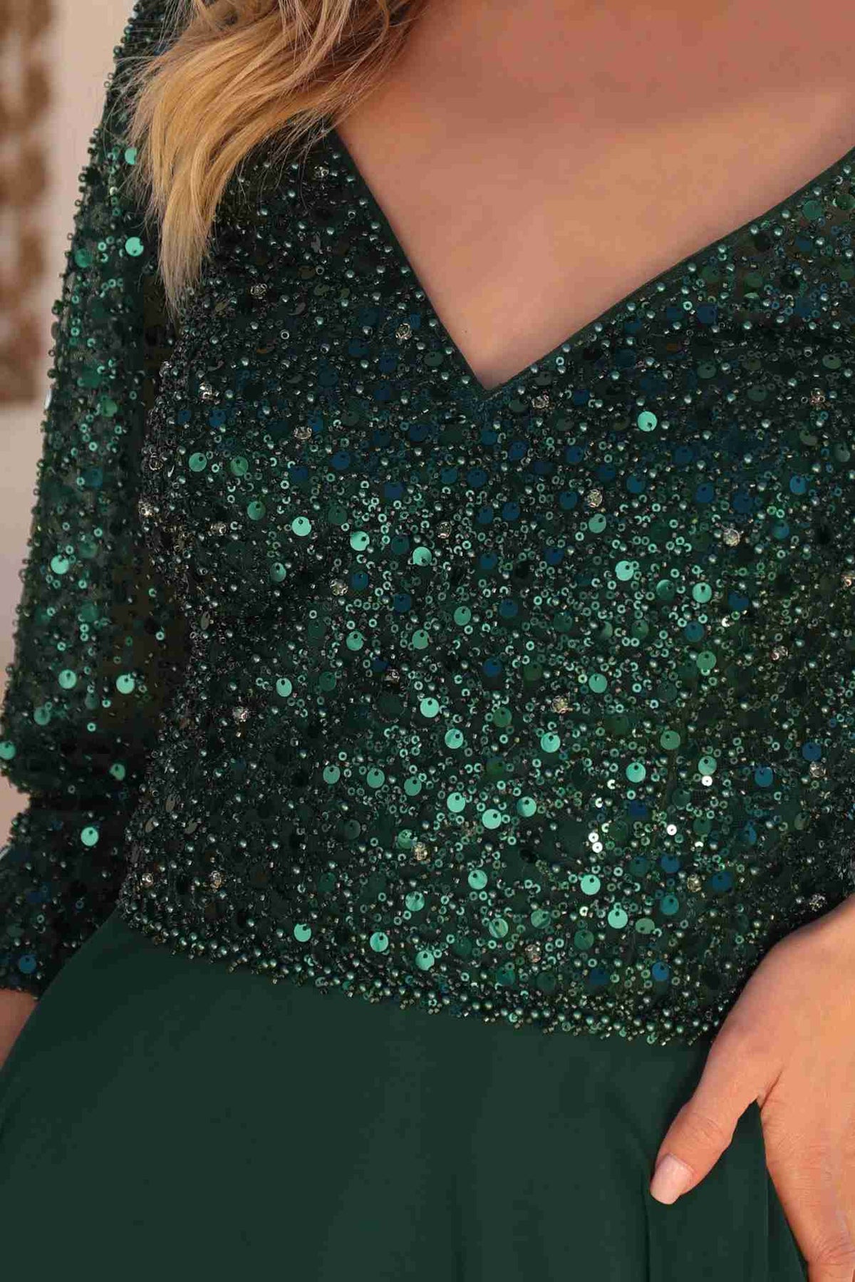 Long Sequin Bodice 3/4 Sleeve A-line Gown