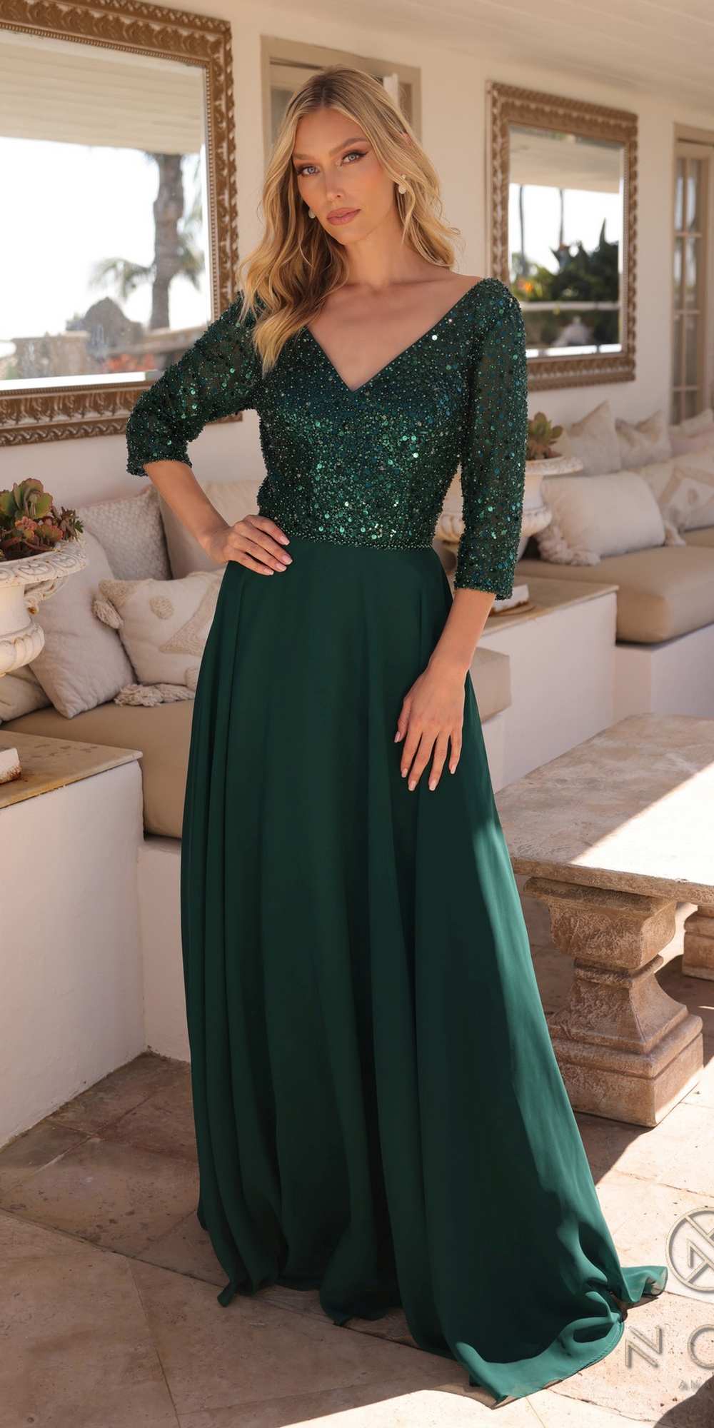 Long Sequin Bodice 3/4 Sleeve A-line Gown