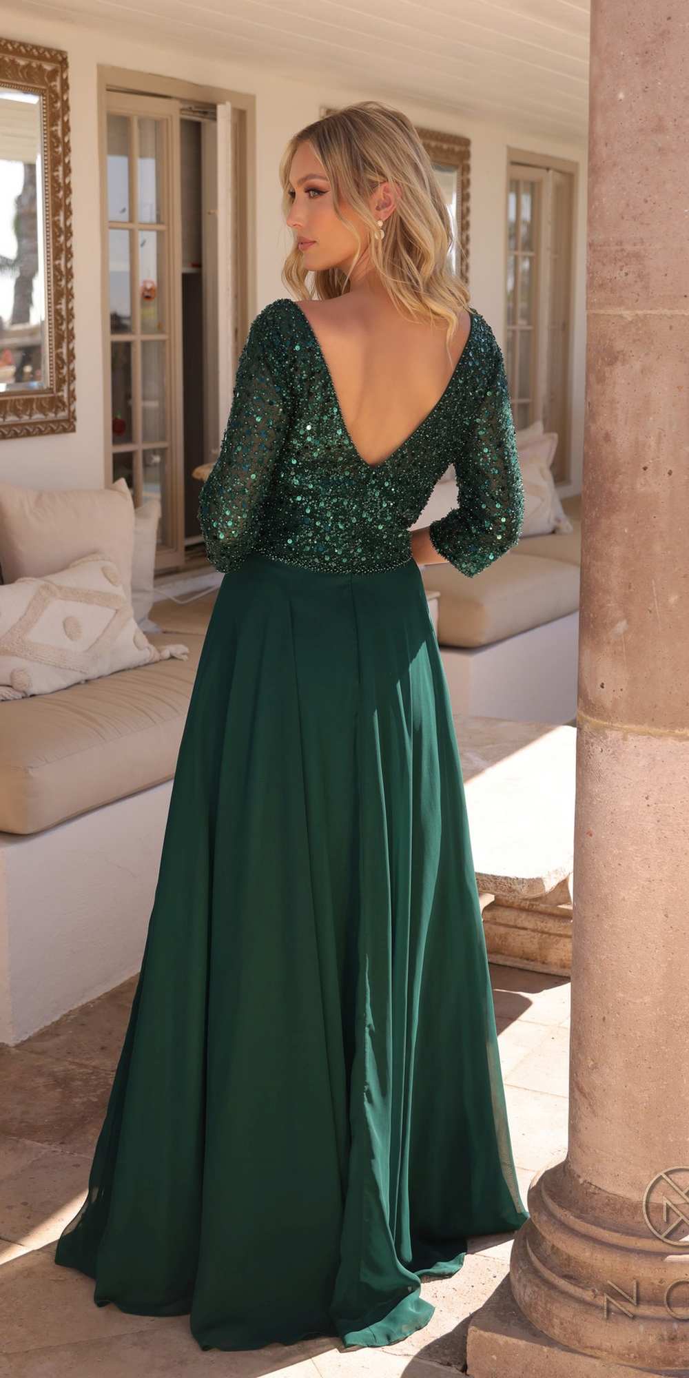 Long Sequin Bodice 3/4 Sleeve A-line Gown