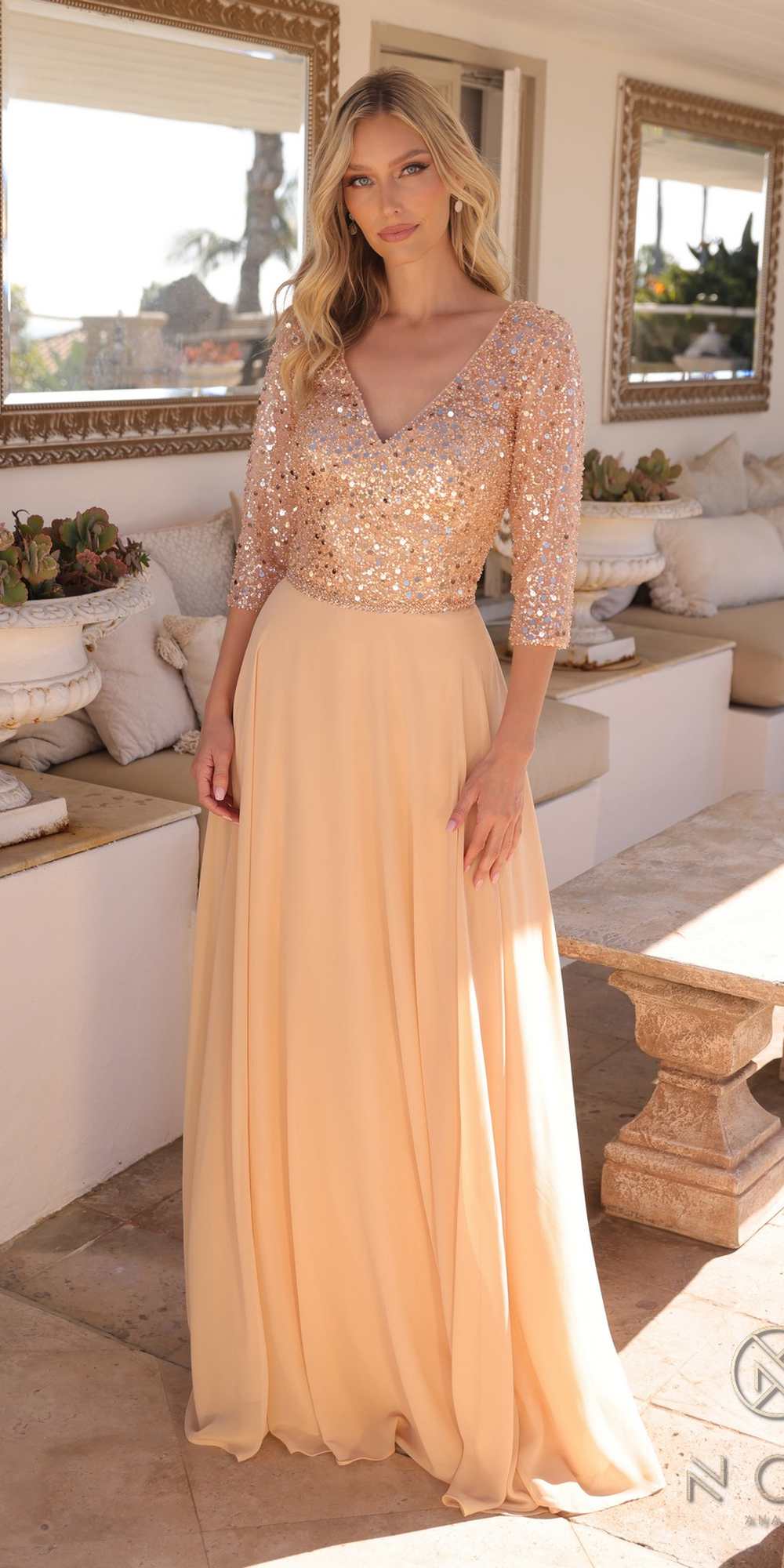 Long Sequin Bodice 3/4 Sleeve A-line Gown