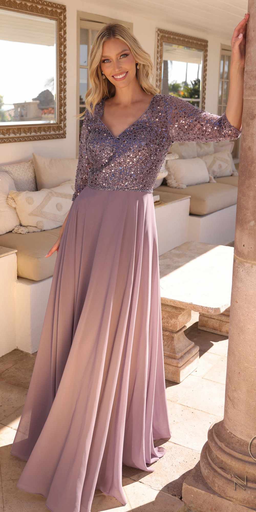 Long Sequin Bodice 3/4 Sleeve A-line Gown