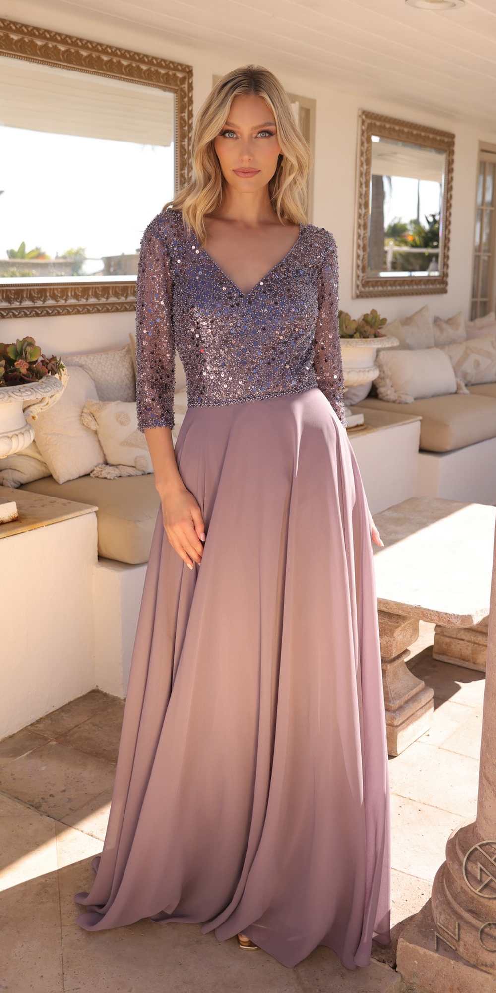 Long Sequin Bodice 3/4 Sleeve A-line Gown
