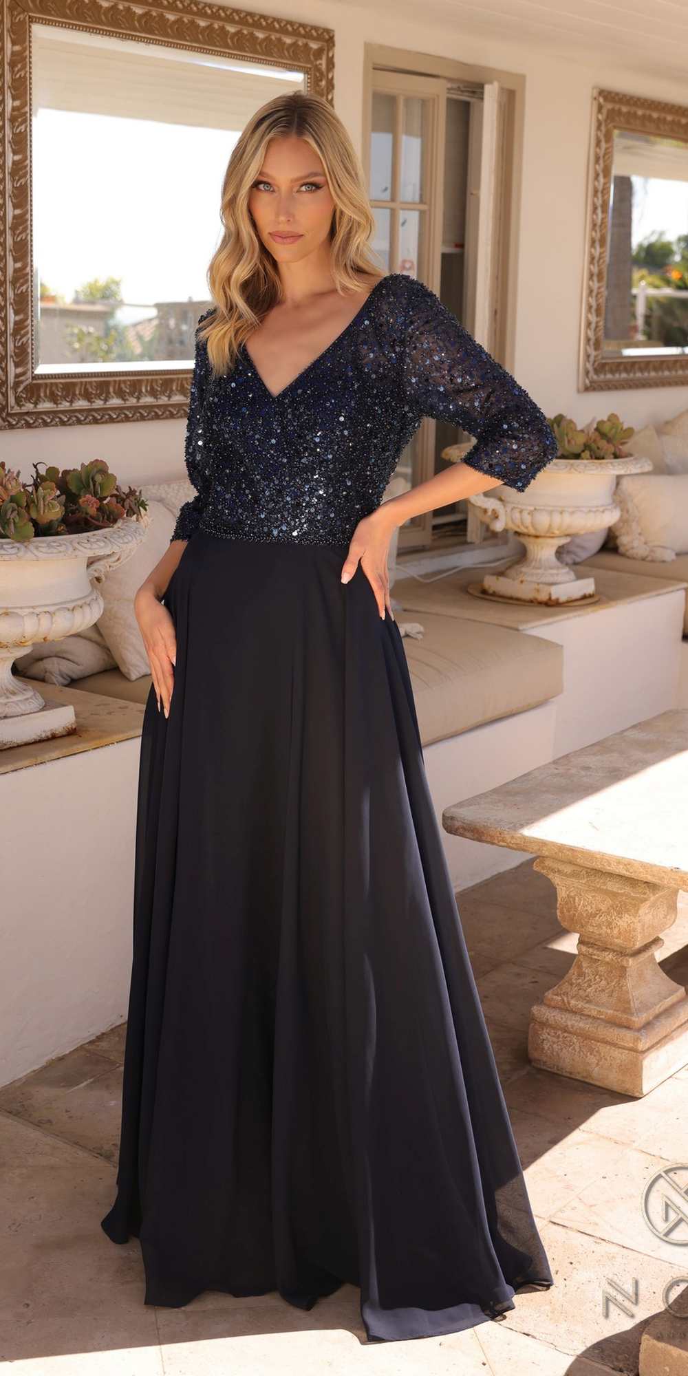 Long Sequin Bodice 3/4 Sleeve A-line Gown