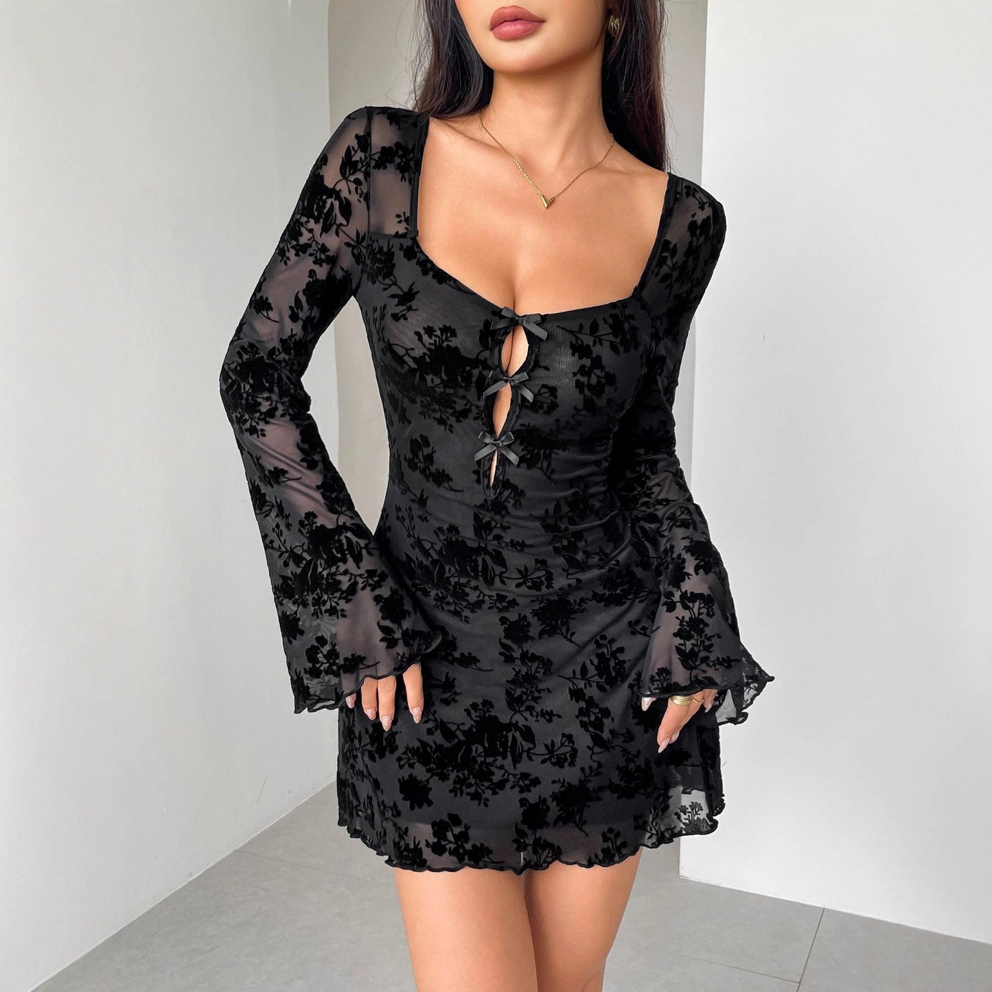Floral Hollow Out Cutout Bow Dress