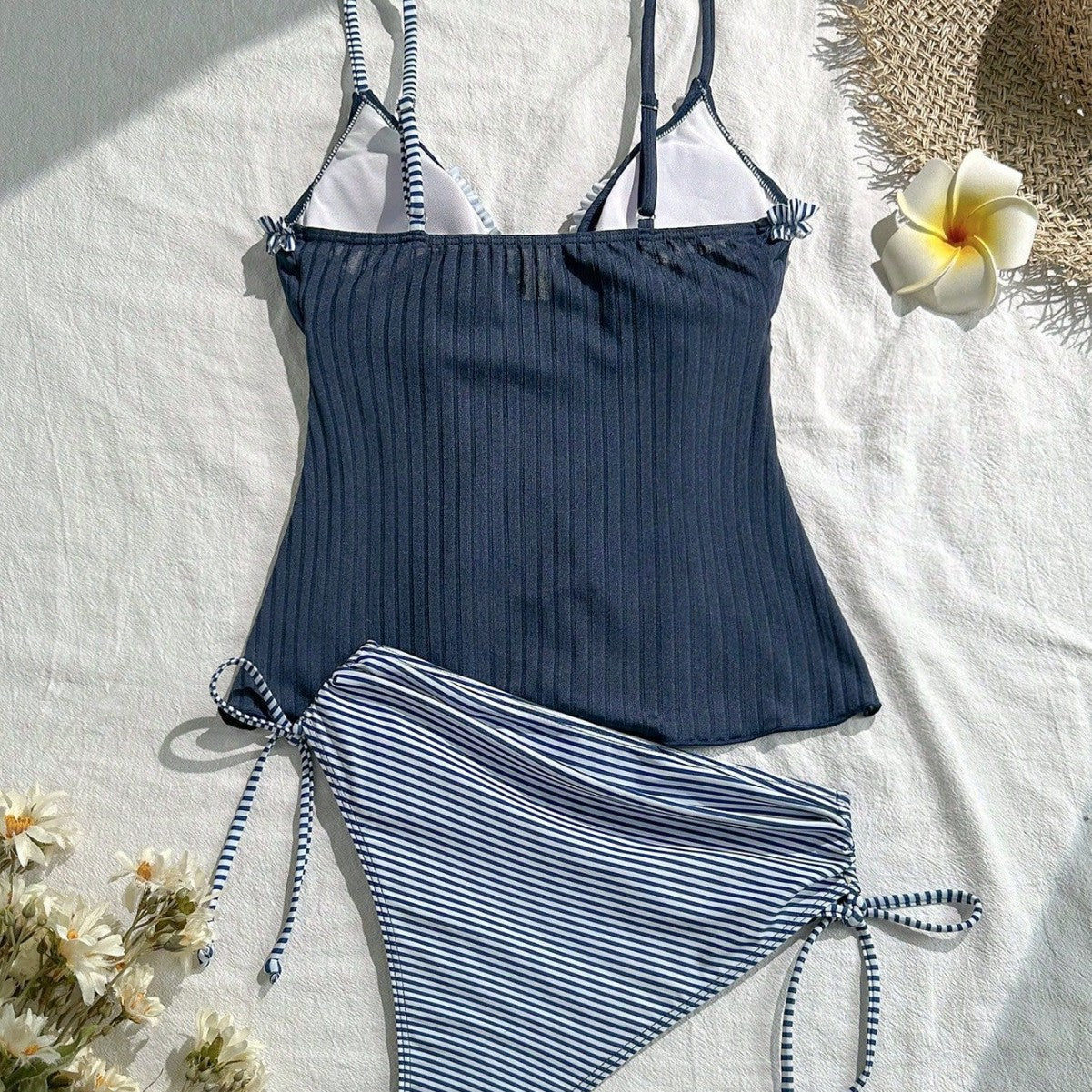Ruffled Two Tone Shoulder Straps and Tie Closure Bathing Suit