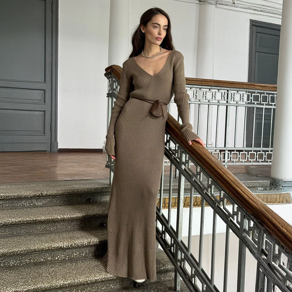 Elegant V neck Slim Hip Knitwear Dress