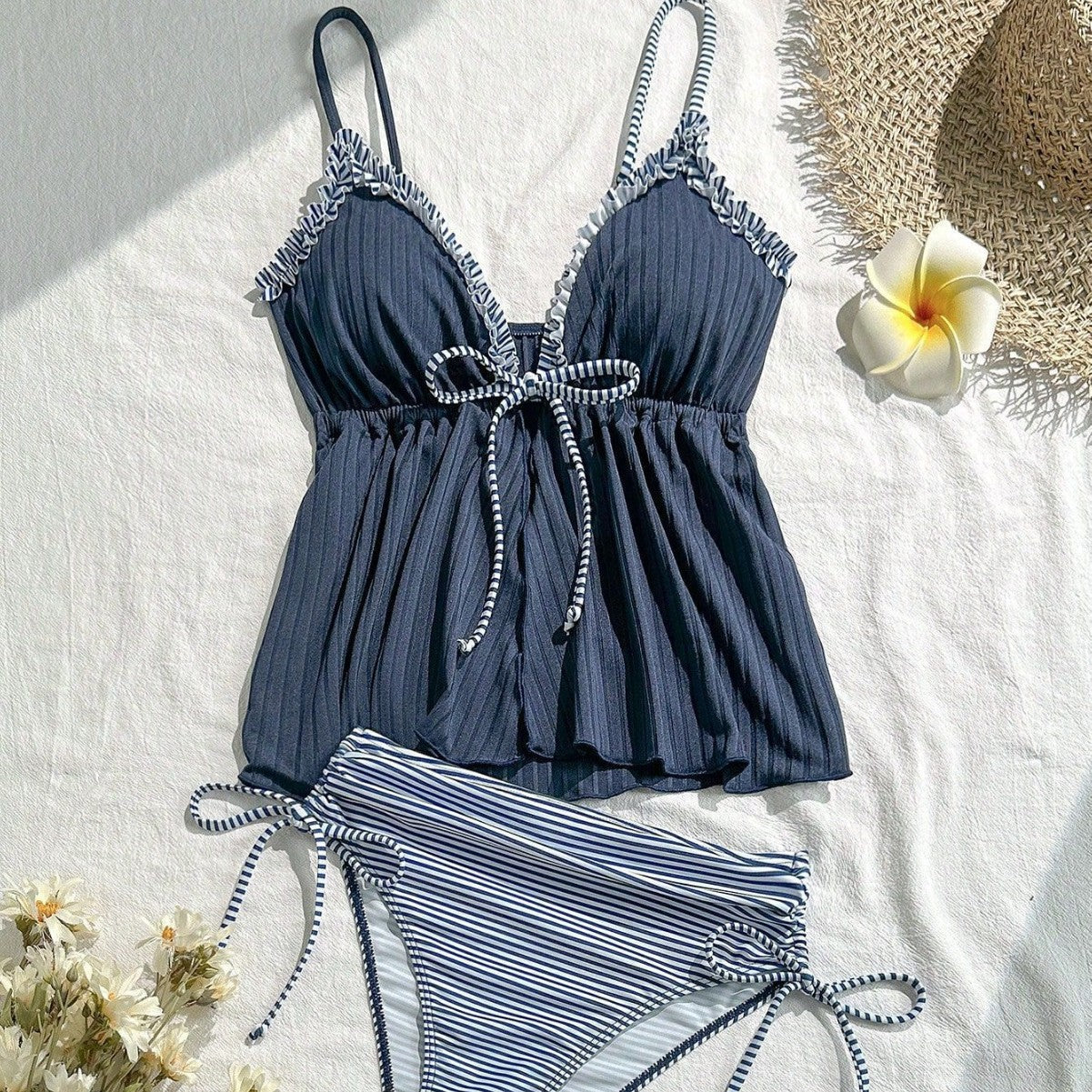 Ruffled Two Tone Shoulder Straps and Tie Closure Bathing Suit