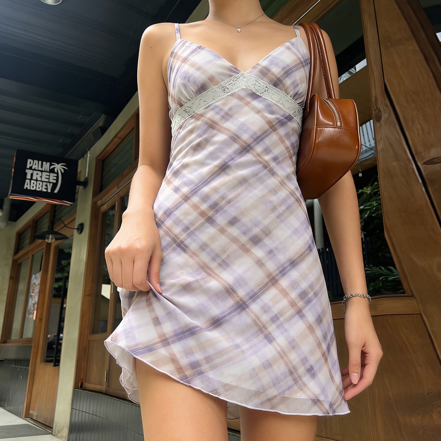 Plaid Lace Bow V neck Adjustable Strap Dress