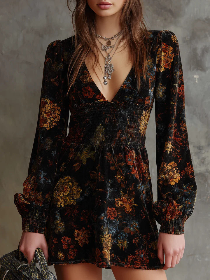 Elegant Floral Print V neck Velvet Dress
