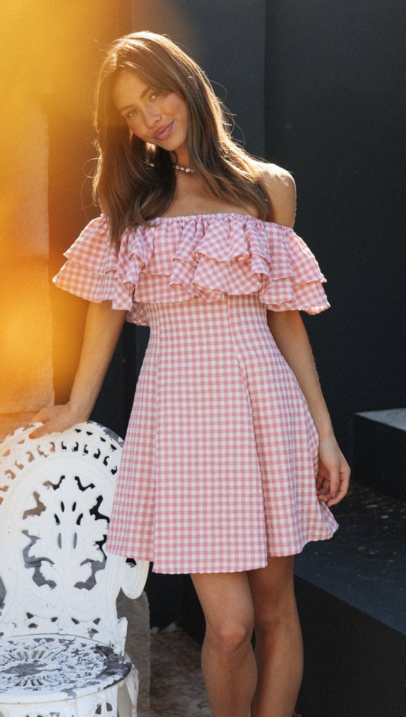 Plaid off-Shoulder Ruffled Dress