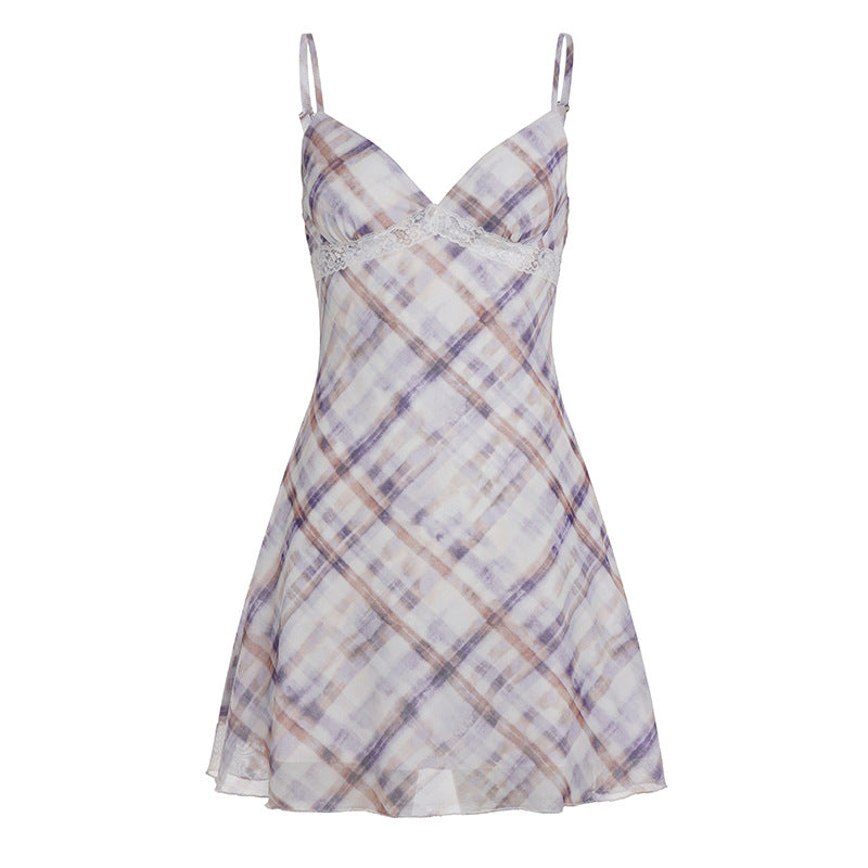 Plaid Lace Bow V neck Adjustable Strap Dress