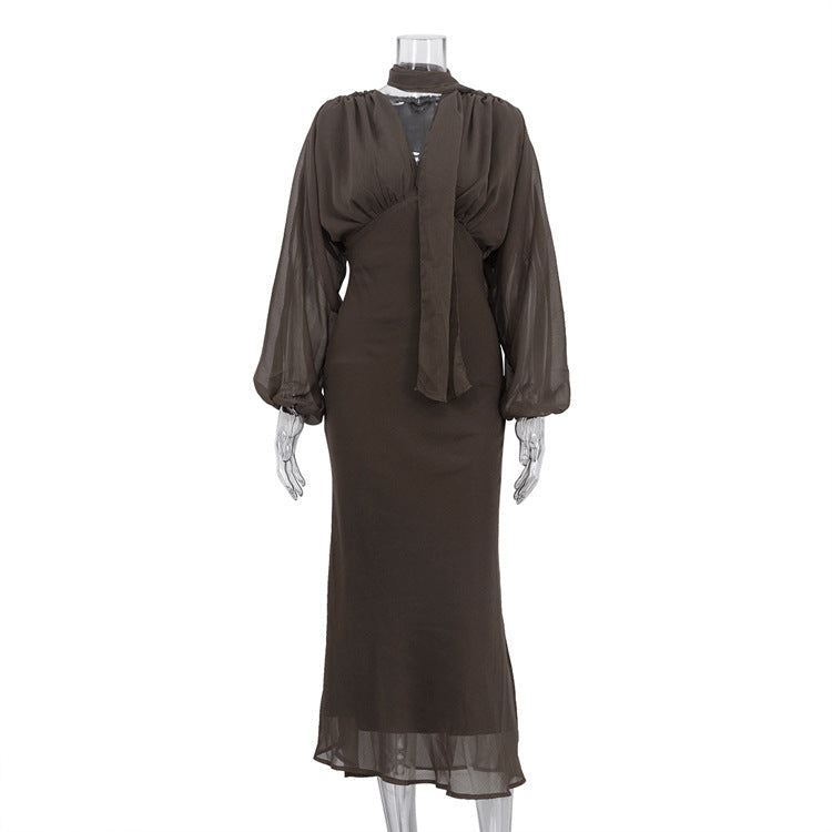 Scarf V neck Long Sleeve Narrow Maxi Dress