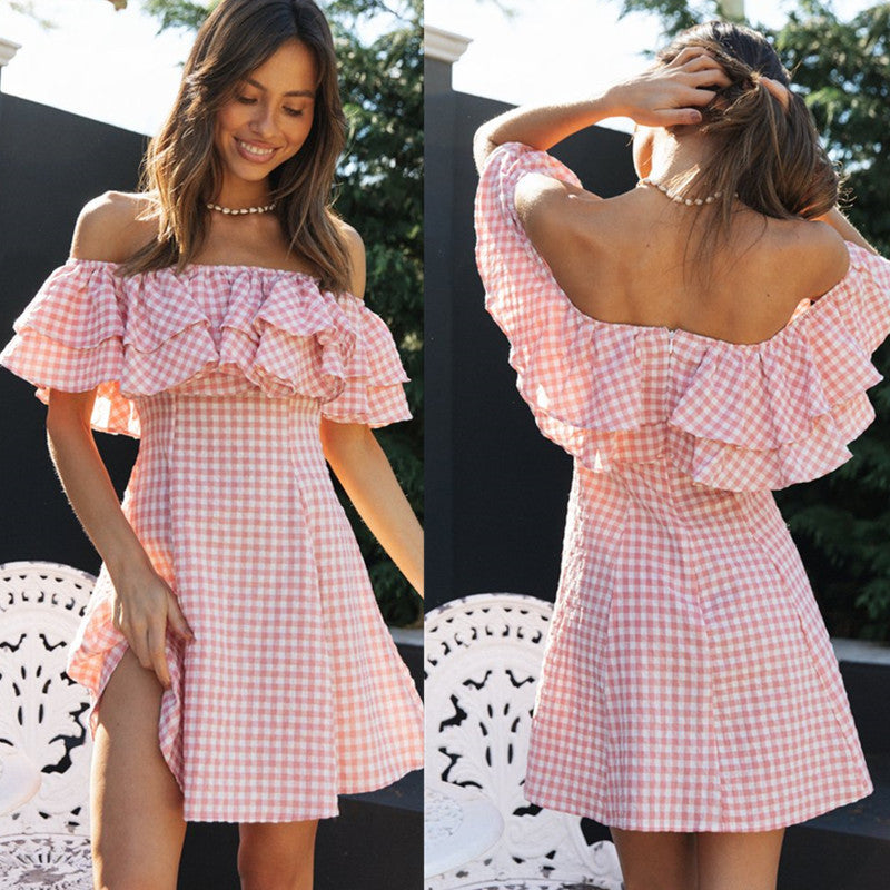 Plaid off-Shoulder Ruffled Dress