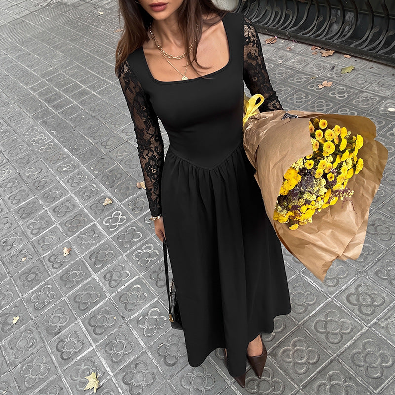 Elegant Lightly Mature Black Square Collar Lace Long Sleeve Dress