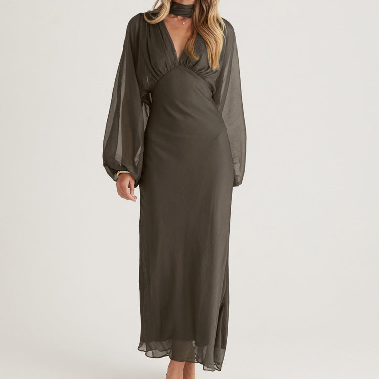 Scarf V neck Long Sleeve Narrow Maxi Dress