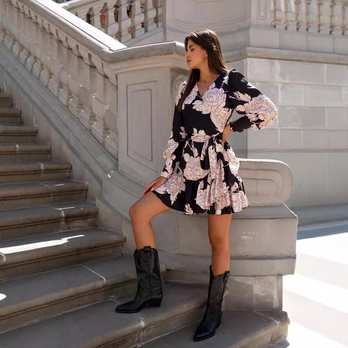 Autumn Printed V neck Long Sleeve Ruffles Dress