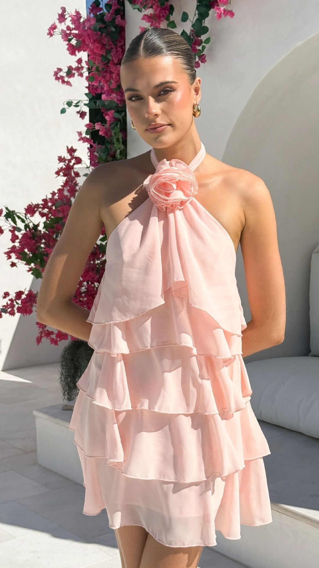 Backless Halter Three Dimensional Ruffled Dress