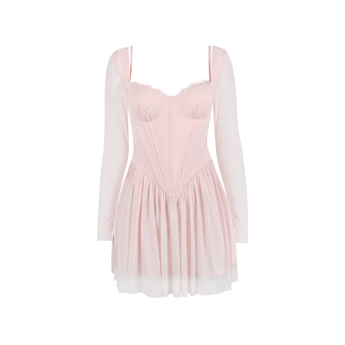 Mesh Long Sleeve Lace Stitching Boning Corset French Dress