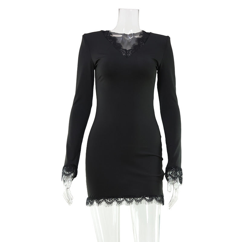 Lace V neck Short Dress