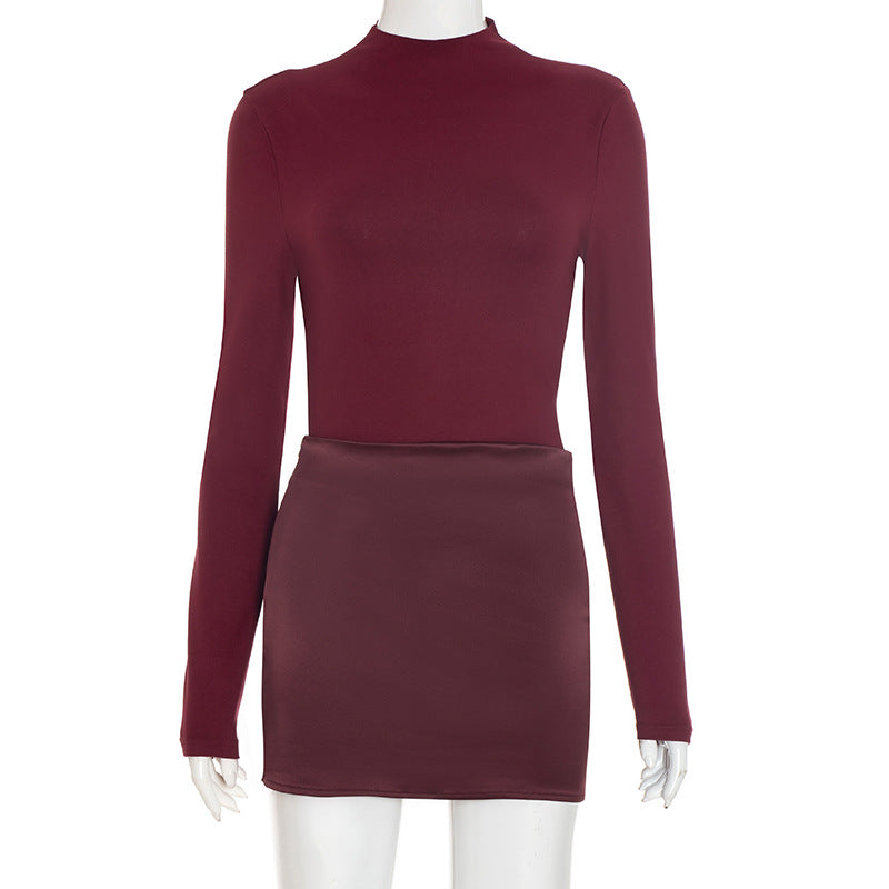 Crew Neck Long Sleeve Narrow Slim Fit Patchwork Solid Color Dress
