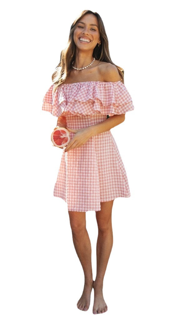 Plaid off-Shoulder Ruffled Dress