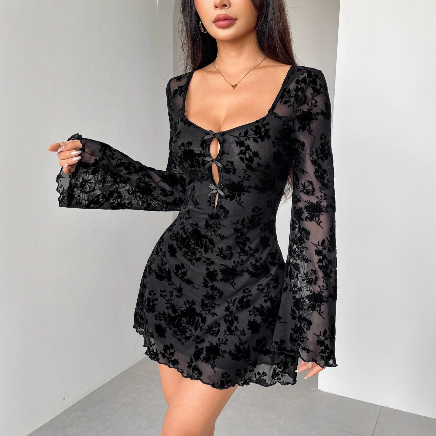Floral Hollow Out Cutout Bow Dress